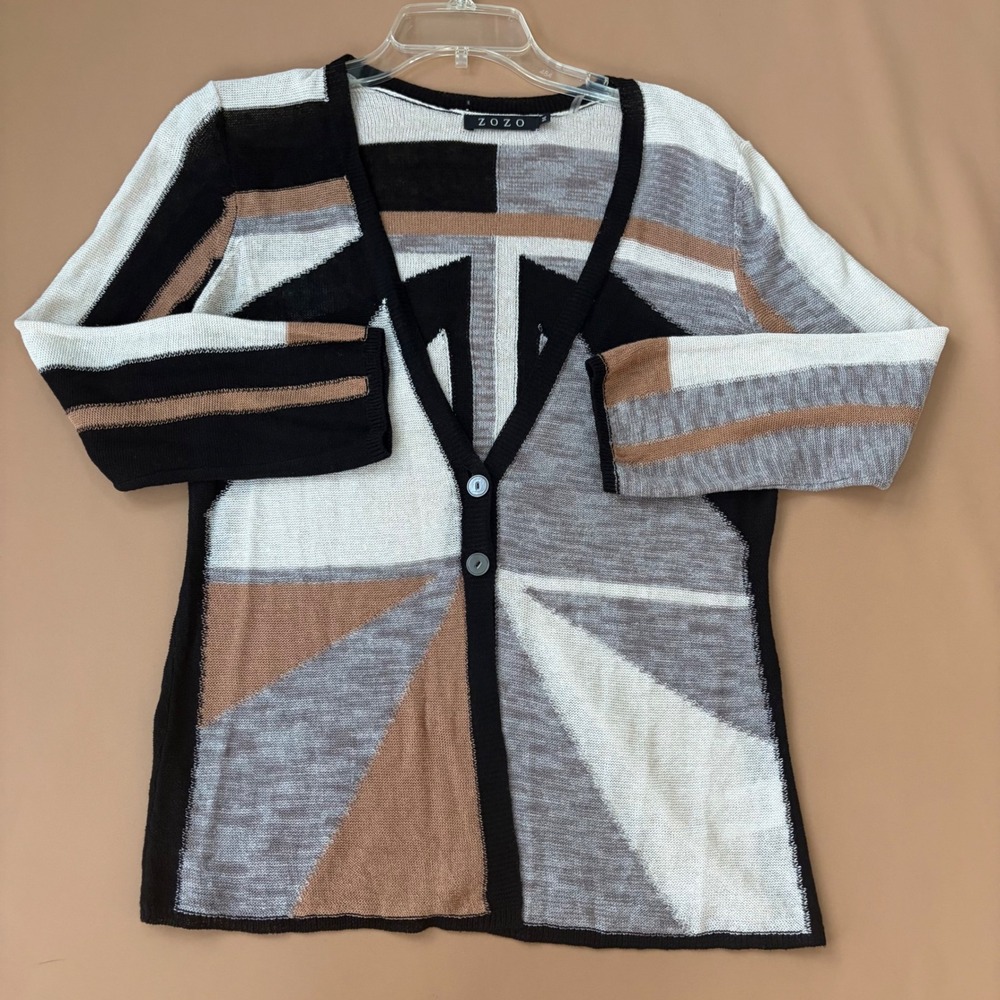 ZOZO Womens Linen Blend Geometric Colorblock V-Neck Button Cardigan Medium Artsy